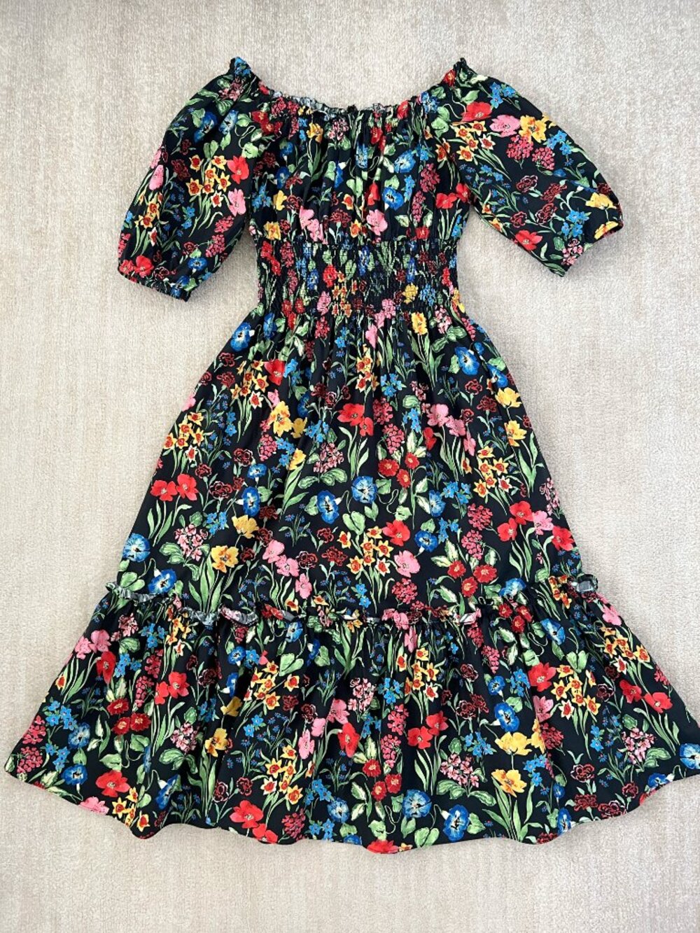 Cara Cara Mimi Floral Garden Cotton Smocked Summer Midi Dress M